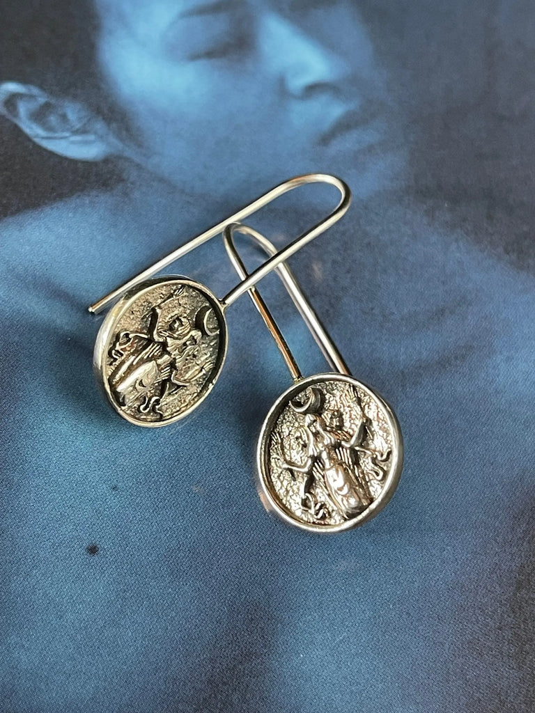 HECATE EARRINGS Triple Goddess Sterling Silver 925K Handcrafted Coin Earrings, Occult, Witchy Jewelry, Greek Mythology Minimalist Earrings