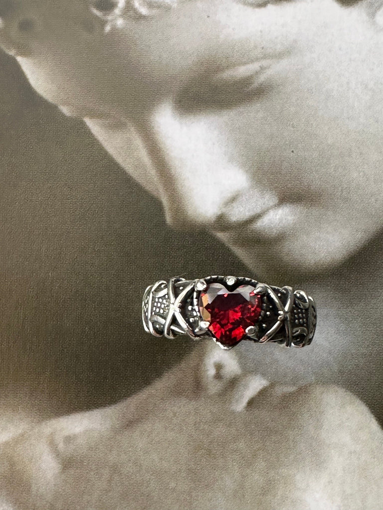 GOTHIC RED HEART Ring 925k Sterling Silver, Engagement Ring