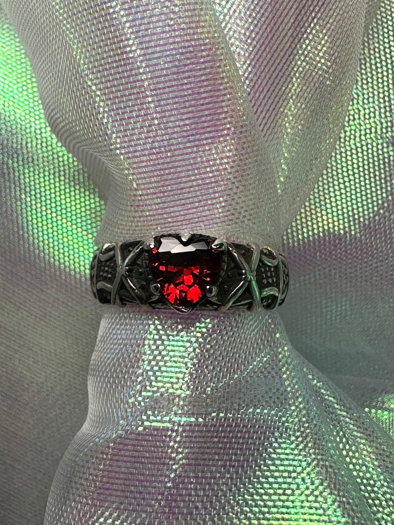 GOTHIC RED HEART Ring 925k Sterling Silver, Engagement Ring