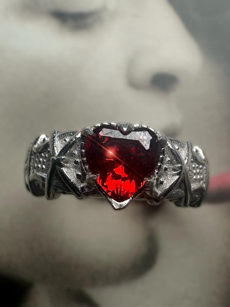 GOTHIC RED HEART Ring 925k Sterling Silver, Engagement Ring