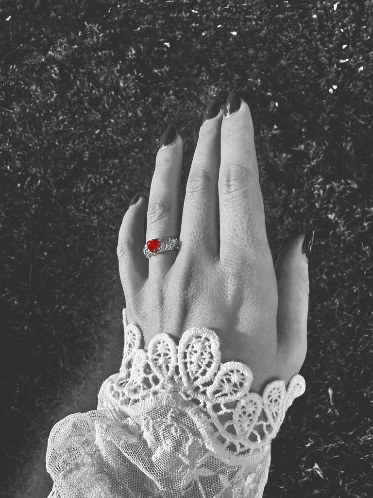 GOTHIC RED HEART Ring 925k Sterling Silver, Engagement Ring
