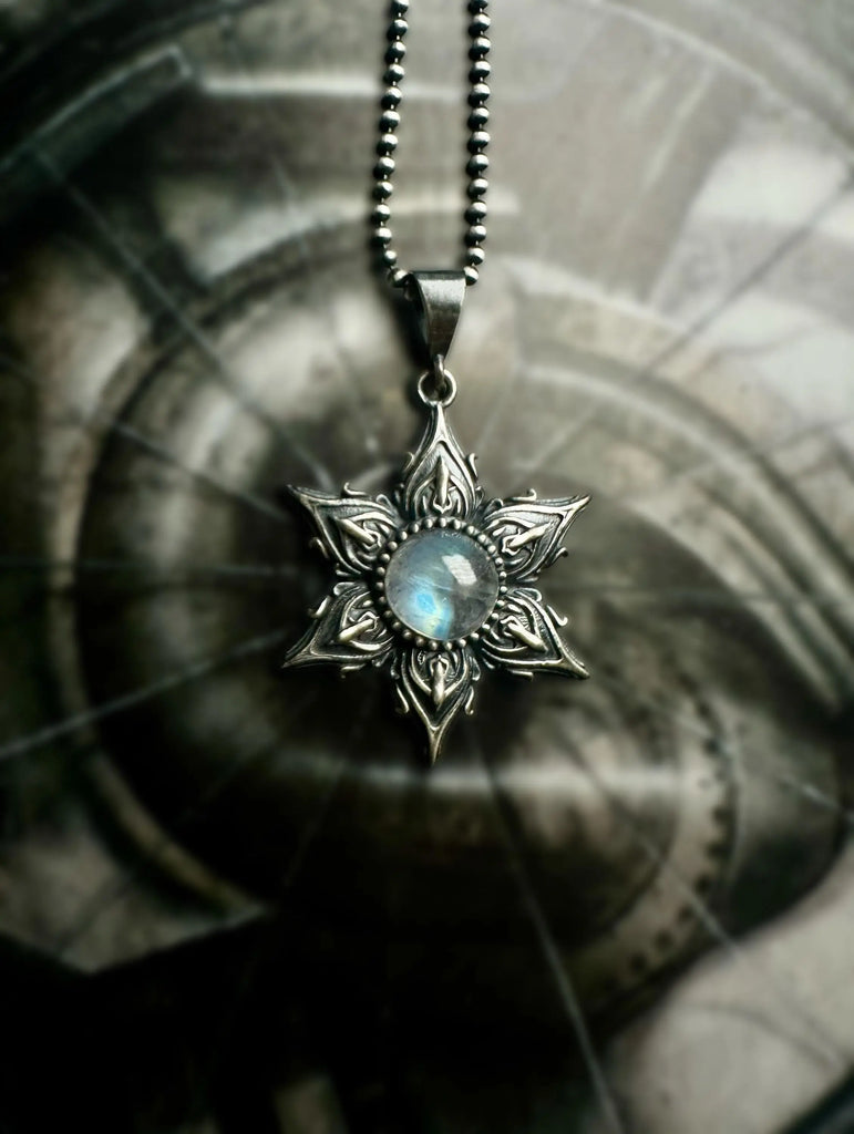 Alien Star Flower Necklace | Moonstone 925k Sterling Silver Gold |Talisman for Intuition & Cosmic Energy