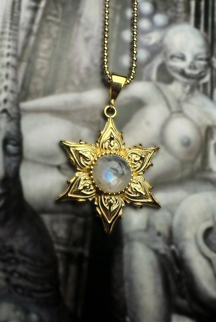 Alien Star Flower Necklace | Moonstone 925k Sterling Silver Gold |Talisman for Intuition & Cosmic Energy