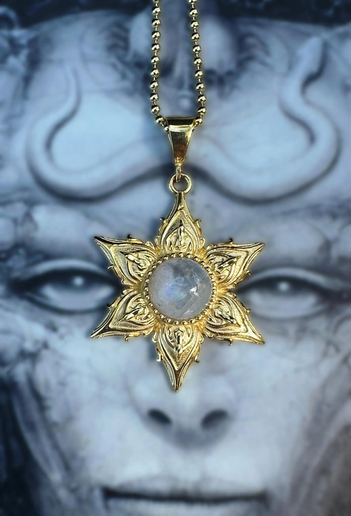 Alien Star Flower Necklace | Moonstone 925k Sterling Silver Gold |Talisman for Intuition & Cosmic Energy