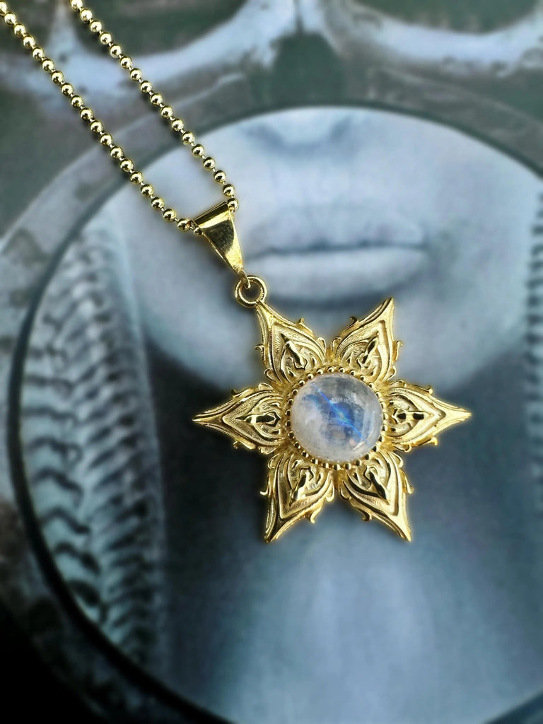 Alien Star Flower Necklace | Moonstone 925k Sterling Silver Gold |Talisman for Intuition & Cosmic Energy
