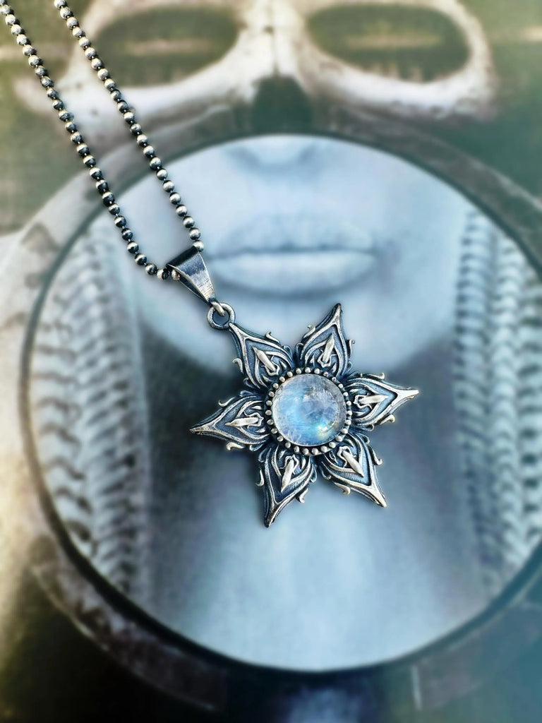 Alien Star Flower Necklace | Moonstone 925k Sterling Silver Gold |Talisman for Intuition & Cosmic Energy