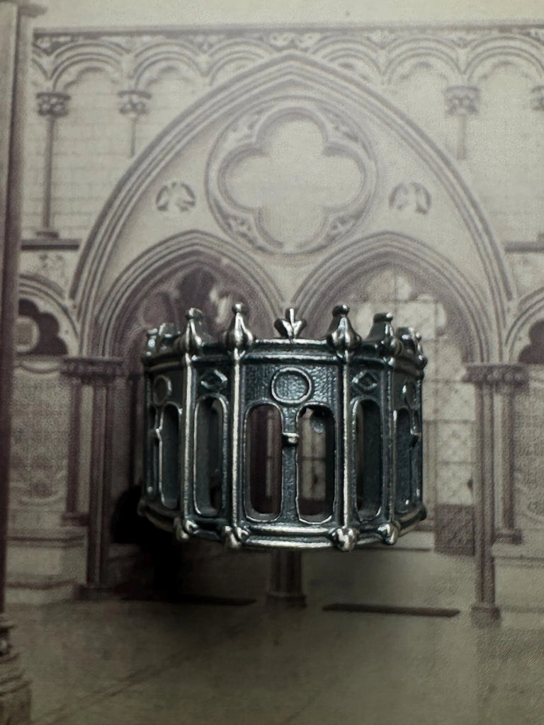 Sterling Silver Medieval Fantasy CASTLE RING– Oxidized Architectural Jewelry