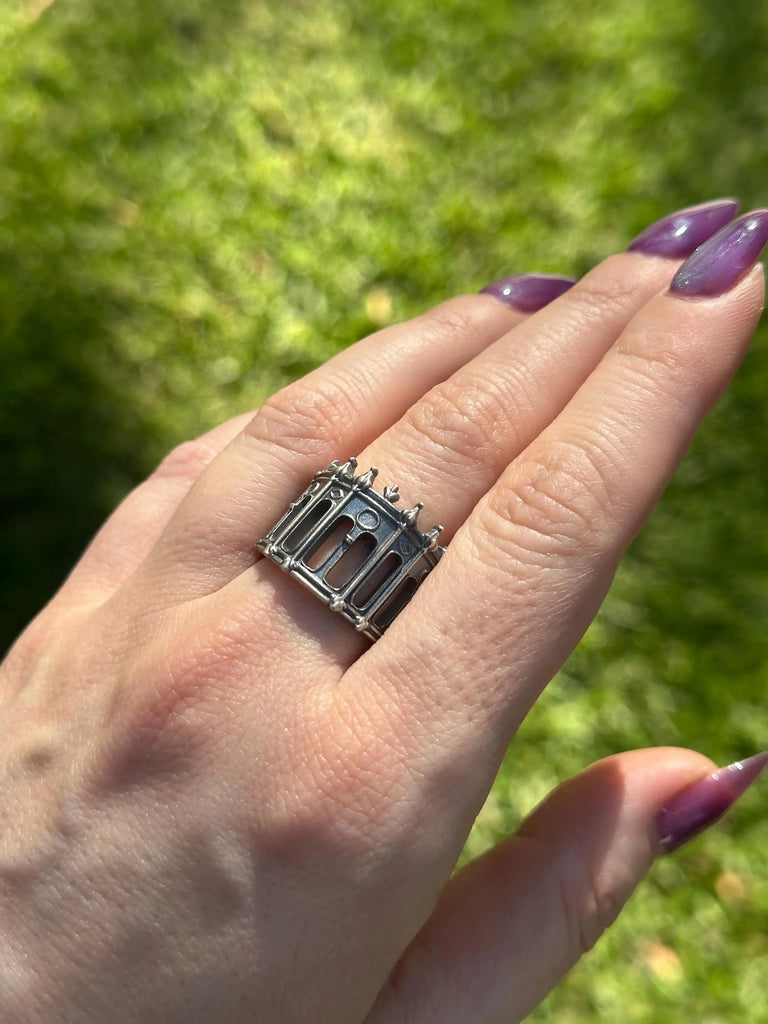 May include: A silver ring with a unique cage-like design. The ring features a series of vertical bars and a small, circular detail. The ring is worn on a finger with long, purple nail polish, set against a blurred green background.