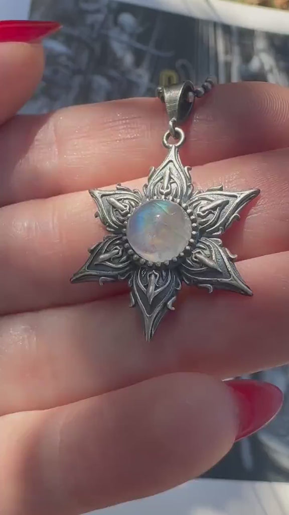 Alien Star Flower Necklace | Moonstone 925k Sterling Silver Gold |Talisman for Intuition & Cosmic Energy