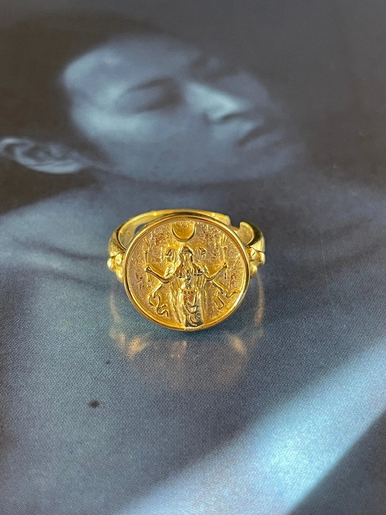 HECATE RING 14K Gold Plated Triple Goddess Sterling Silver 925K Handcrafted Coin Ring,Witchy Ring, Greek Mythology Minimalist Jewelry