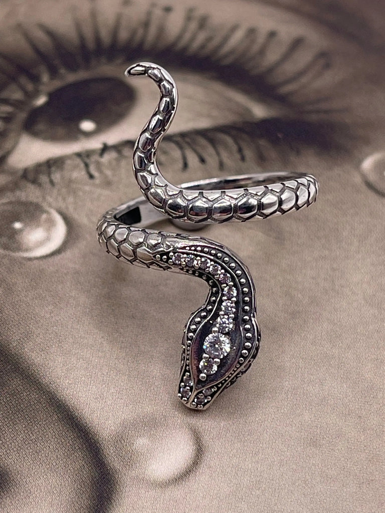 Adjustable Serpent Ring - Silver CZ SNAKE 925K Ring - Flesh & Soul Jewelry