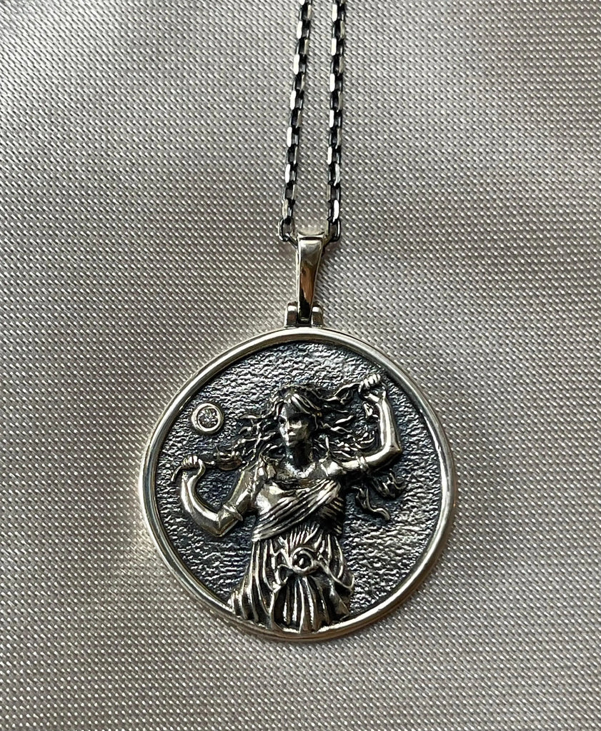 Cassandra Goddess of Prophecy Necklace in sterling silver with cubic zirconia.