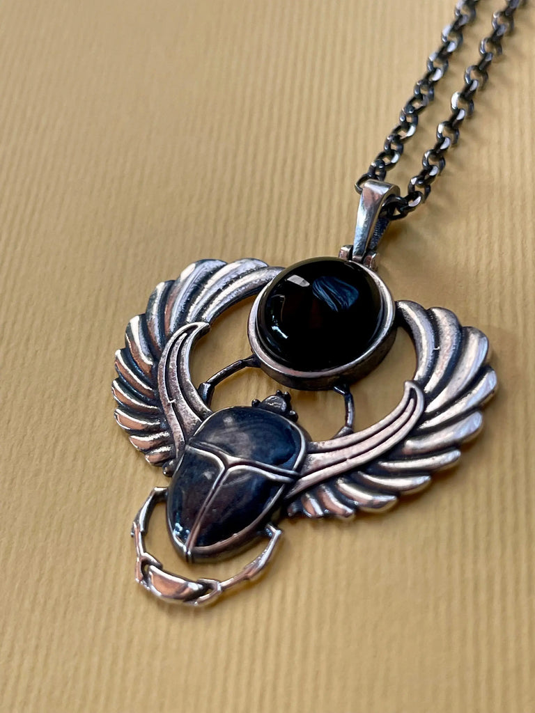 SCARAB ONYX NECKLACE Sterling Silver, Ancient Egyptian Beetle Amulet, Rebirth