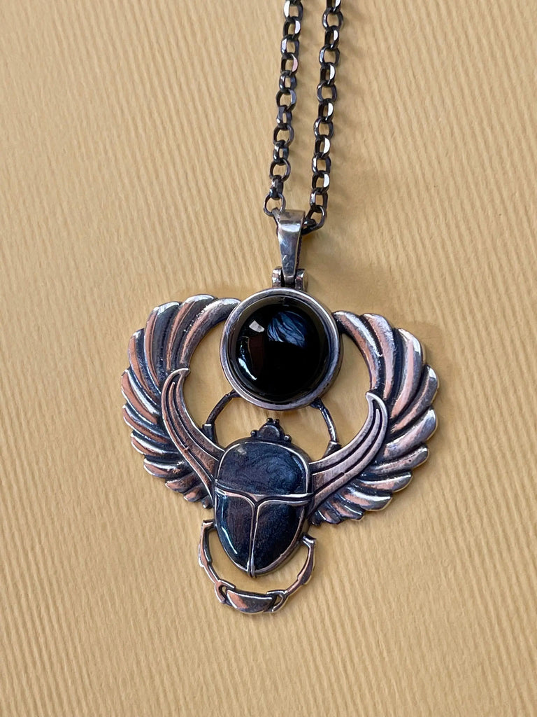 SCARAB ONYX NECKLACE Sterling Silver, Ancient Egyptian Beetle Amulet, Rebirth