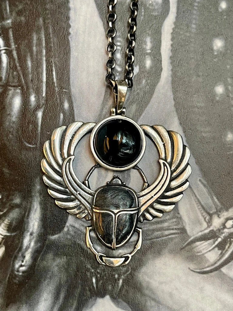 SCARAB ONYX NECKLACE Sterling Silver, Ancient Egyptian Beetle Amulet, Rebirth