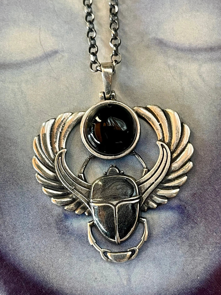 SCARAB ONYX NECKLACE Sterling Silver, Ancient Egyptian Beetle Amulet, Rebirth