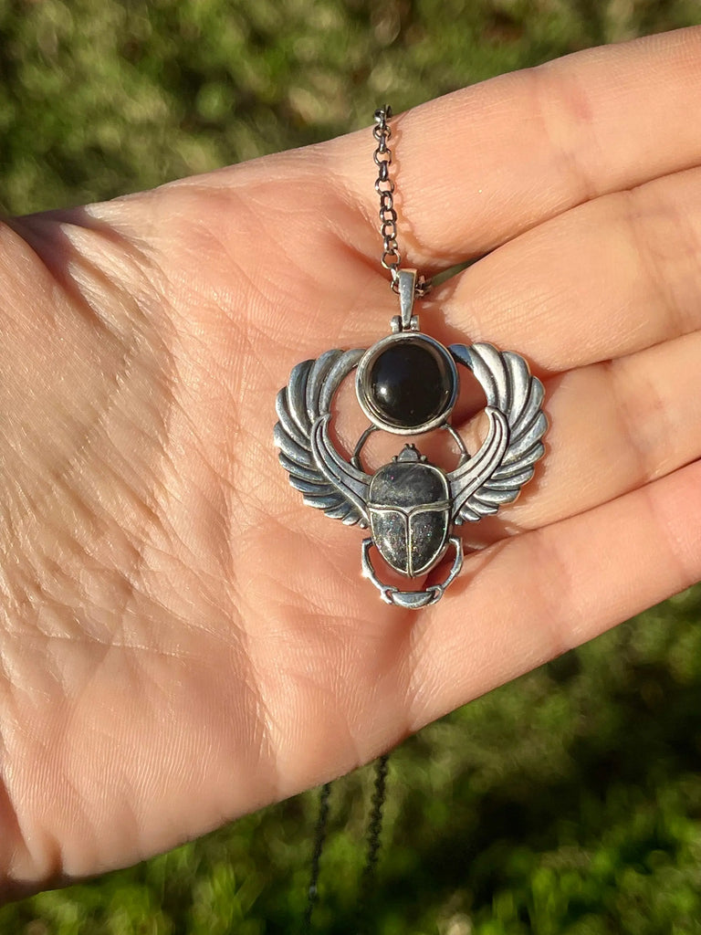 SCARAB ONYX NECKLACE Sterling Silver, Ancient Egyptian Beetle Amulet, Rebirth