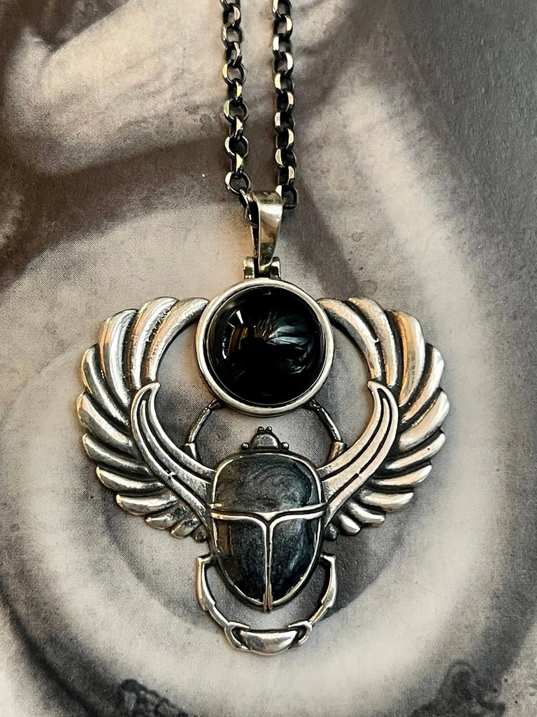 SCARAB ONYX NECKLACE Sterling Silver, Ancient Egyptian Beetle Amulet, Rebirth