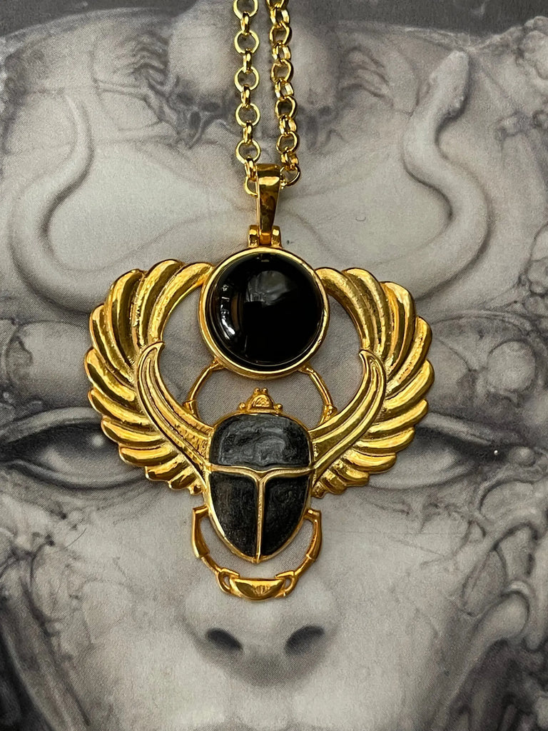 SCARAB ONYX NECKLACE Sterling Silver, Ancient Egyptian Beetle Amulet, Rebirth