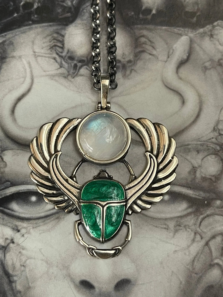 SCARAB ONYX NECKLACE Sterling Silver, Ancient Egyptian Beetle Amulet, Rebirth