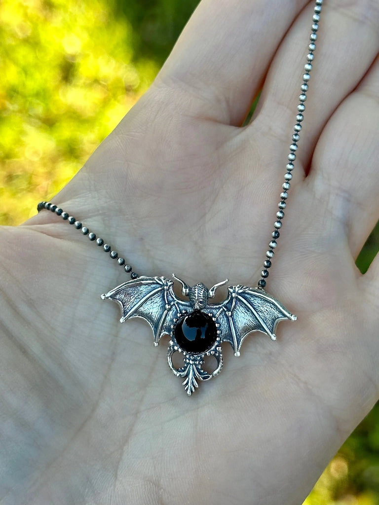 Bewitched by Bats Necklace Sterling-Silver-Onyx Jewelry Flesh & Soul