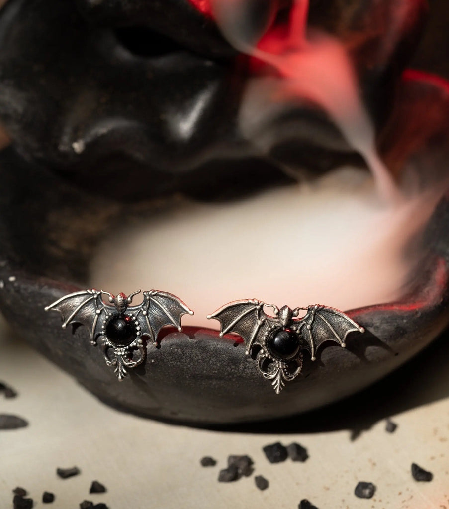 Gothic Bats Onyx Stud Earrings