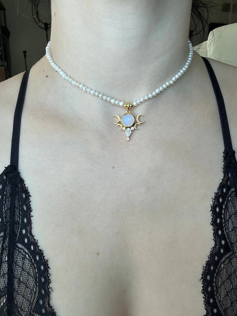 FIVE MOONS MOONSTONE Pearl Choker,Hecate's Symbol Sterling Silver 925K Handcrafted Witchy Necklace