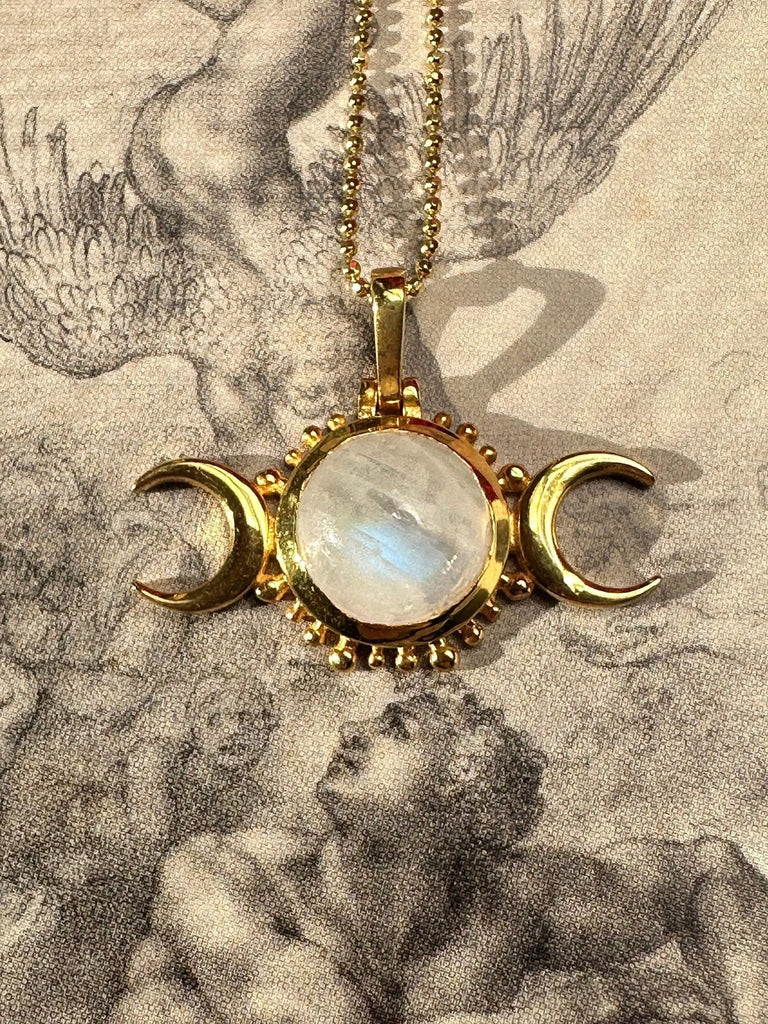 THREE MOONS MOONSTONE Gold Dipped Sterling Silver 925K Handcrafted Witchy Necklace with Chain. Triple Moon