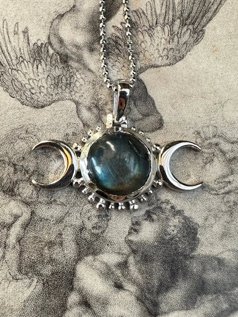 THREE MOONS MOONSTONE Gold Dipped Sterling Silver 925K Handcrafted Witchy Necklace with Chain. Triple Moon