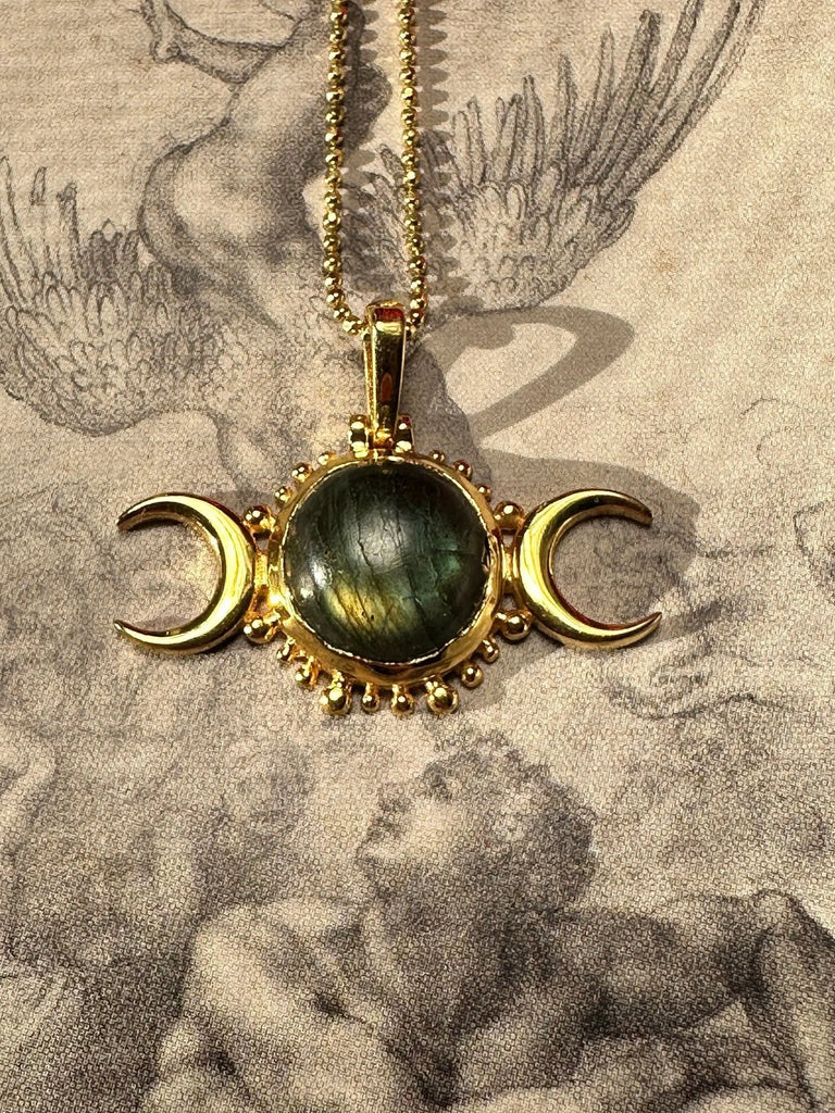 THREE MOONS MOONSTONE Gold Dipped Sterling Silver 925K Handcrafted Witchy Necklace with Chain. Triple Moon