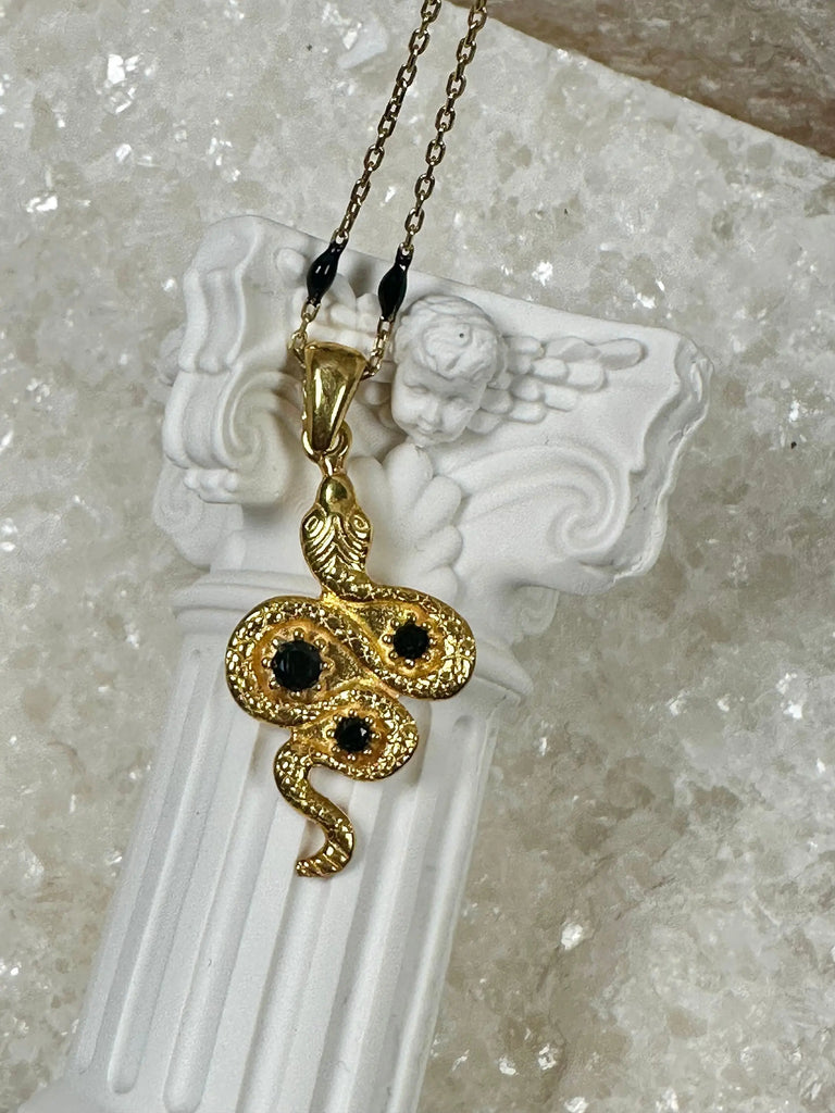 GOLD SNAKE NECKLACE With Beaded Chain Sterling Silver