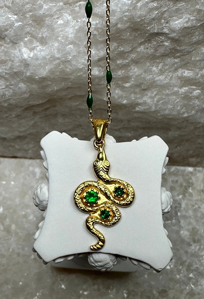 GOLD SNAKE NECKLACE With Beaded Chain Sterling Silver