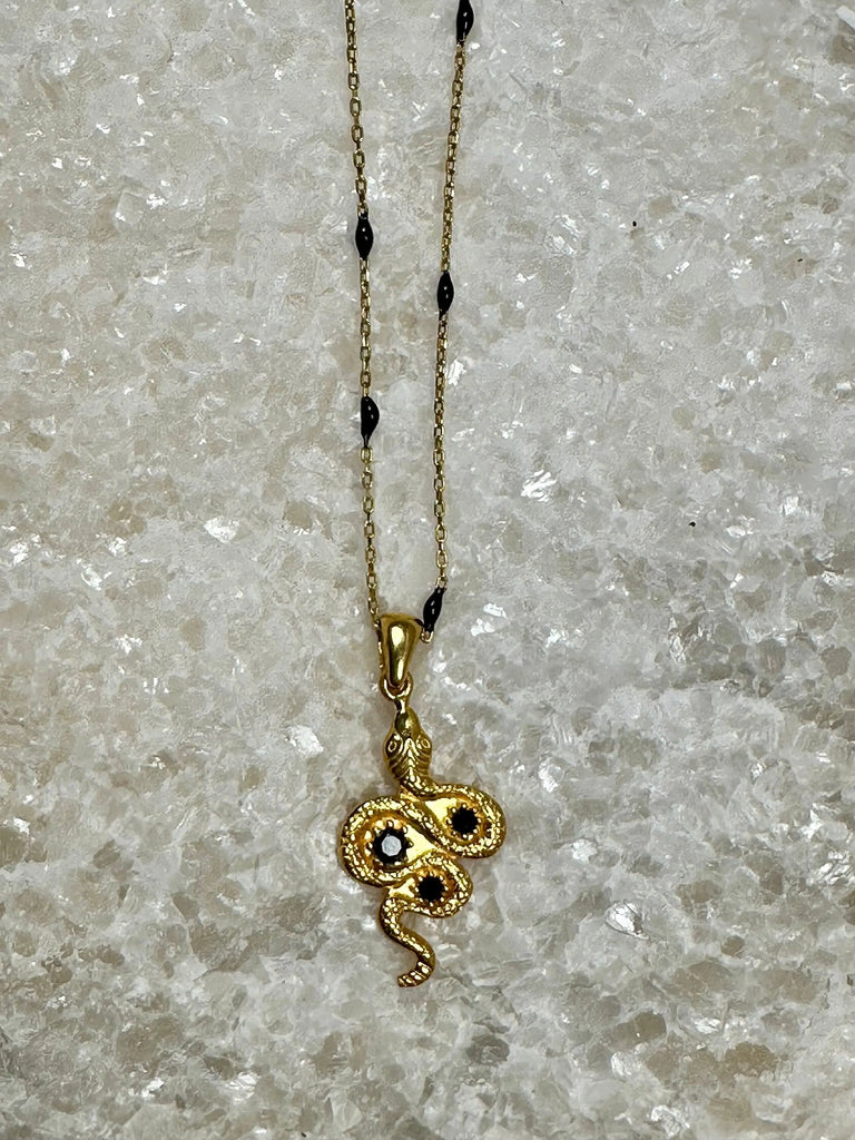 GOLD SNAKE NECKLACE With Beaded Chain Sterling Silver